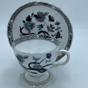 Royal Tuscan England Black/Blue Floral Fine Bone China Teacup & Saucer